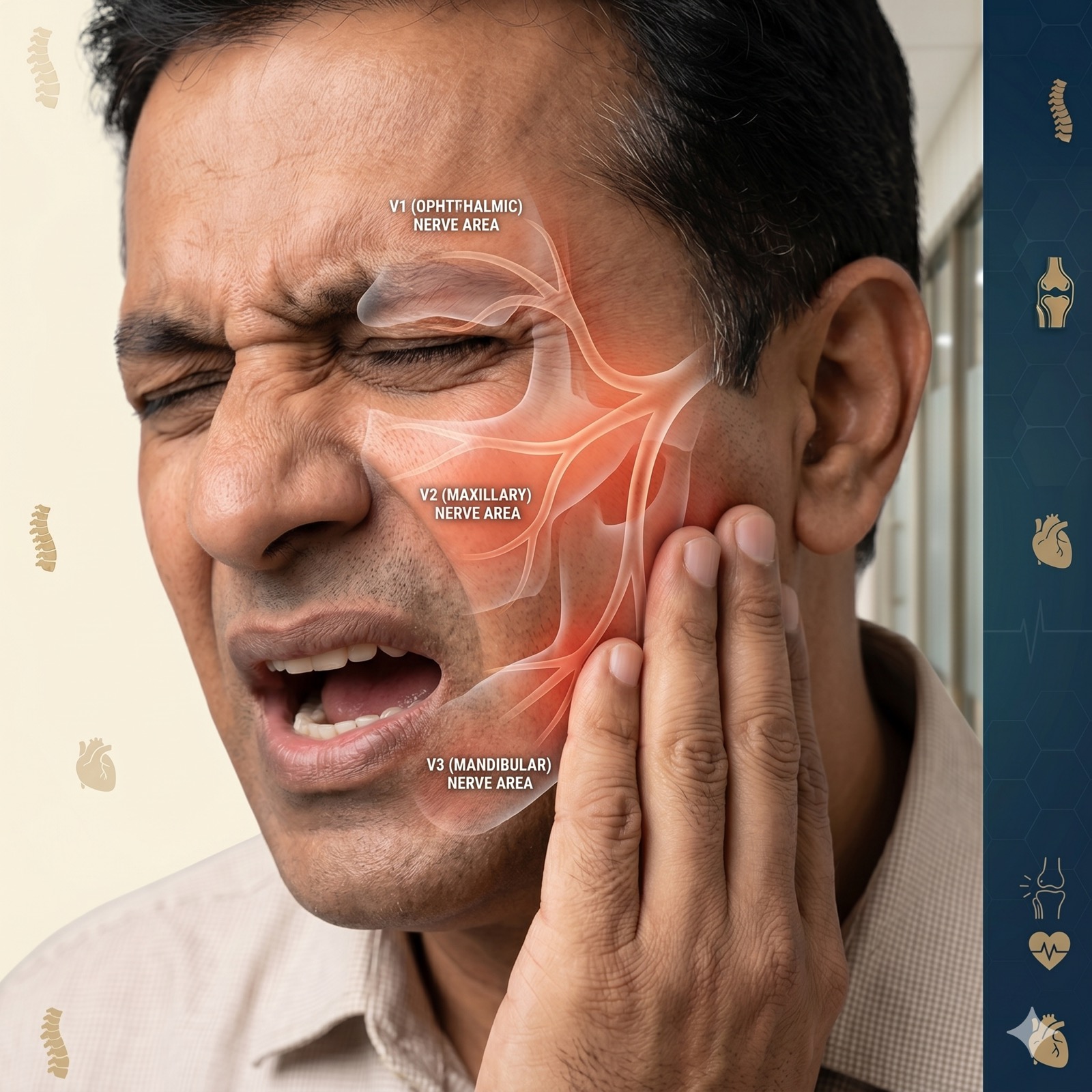 Trigeminal neuralgia V1 V2 V3 facial nerve pain areas illustration in Jaipur